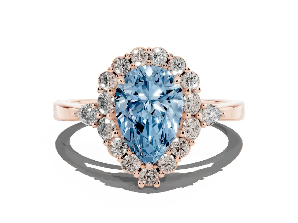 Fancy Blue Pear Cut Diamond Halo Ring with Pear Side Stones and Prong Setting Rose gold