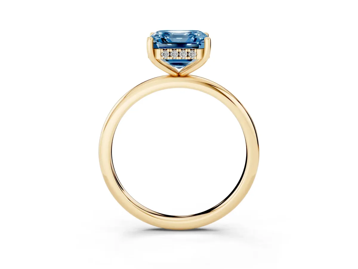 Fancy Blue Asscher Cut Cut Solitaire Engagement Ring with Four-Prong Setting and Classic Band Yellow gold