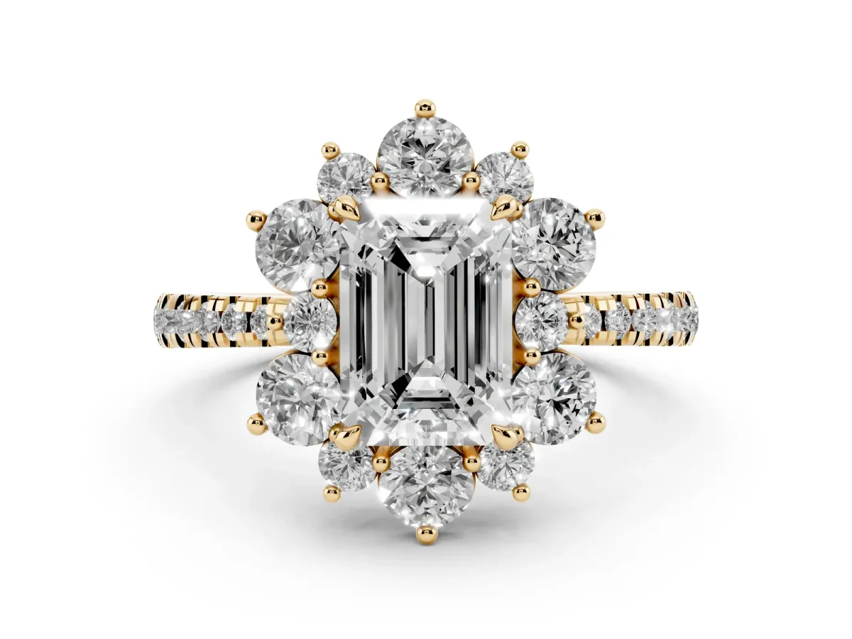 Emerald Cut Diamond Floral Halo Ring with Round Pavé Band and Prong Setting Yellow gold