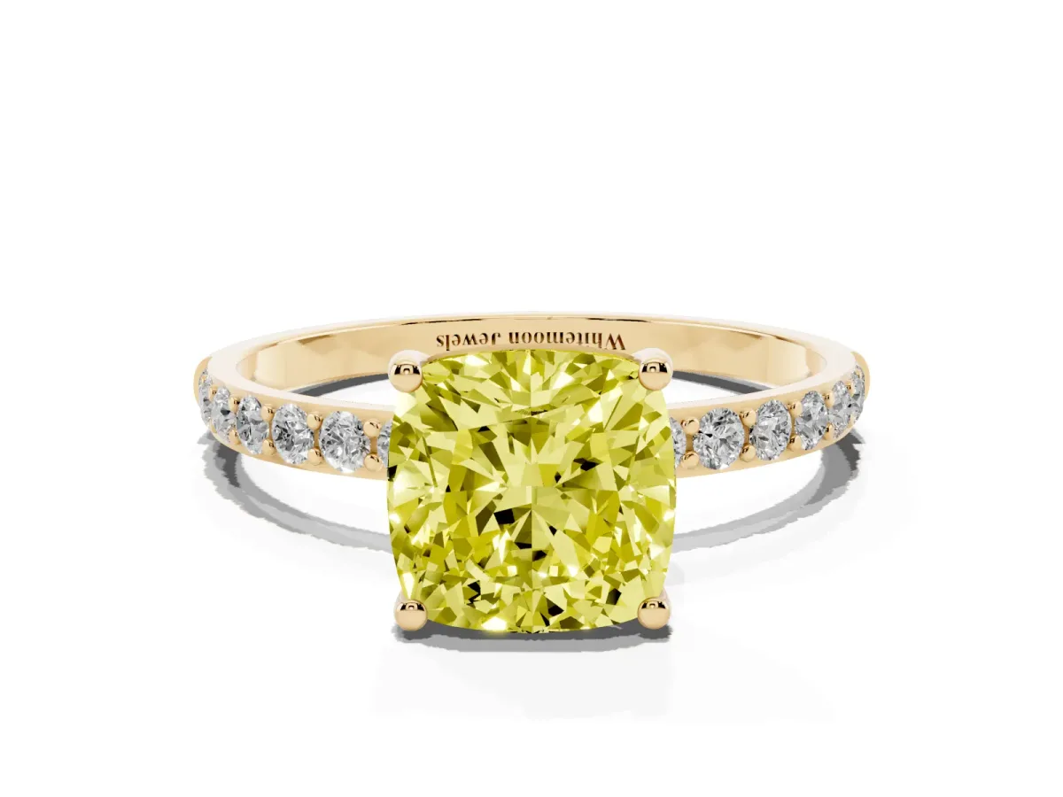 Fancy Yellow Cushion Cut Diamond Solitaire Ring with Round Pavé Shoulders and Prong Setting Yellow gold