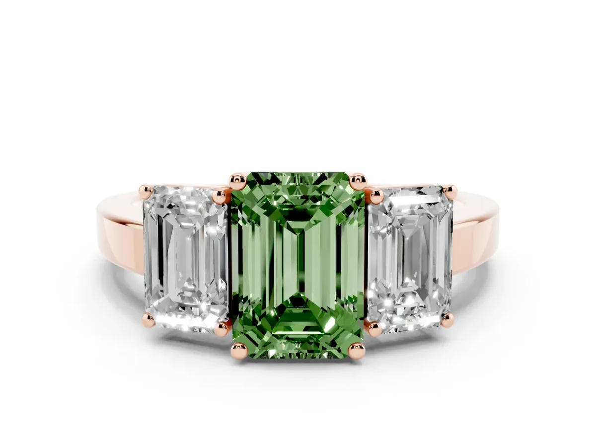 Fancy Green Three-Stone Emerald Cut Cut Diamond Engagement Ring with Flat Band and Four-Prong Setting Rose gold