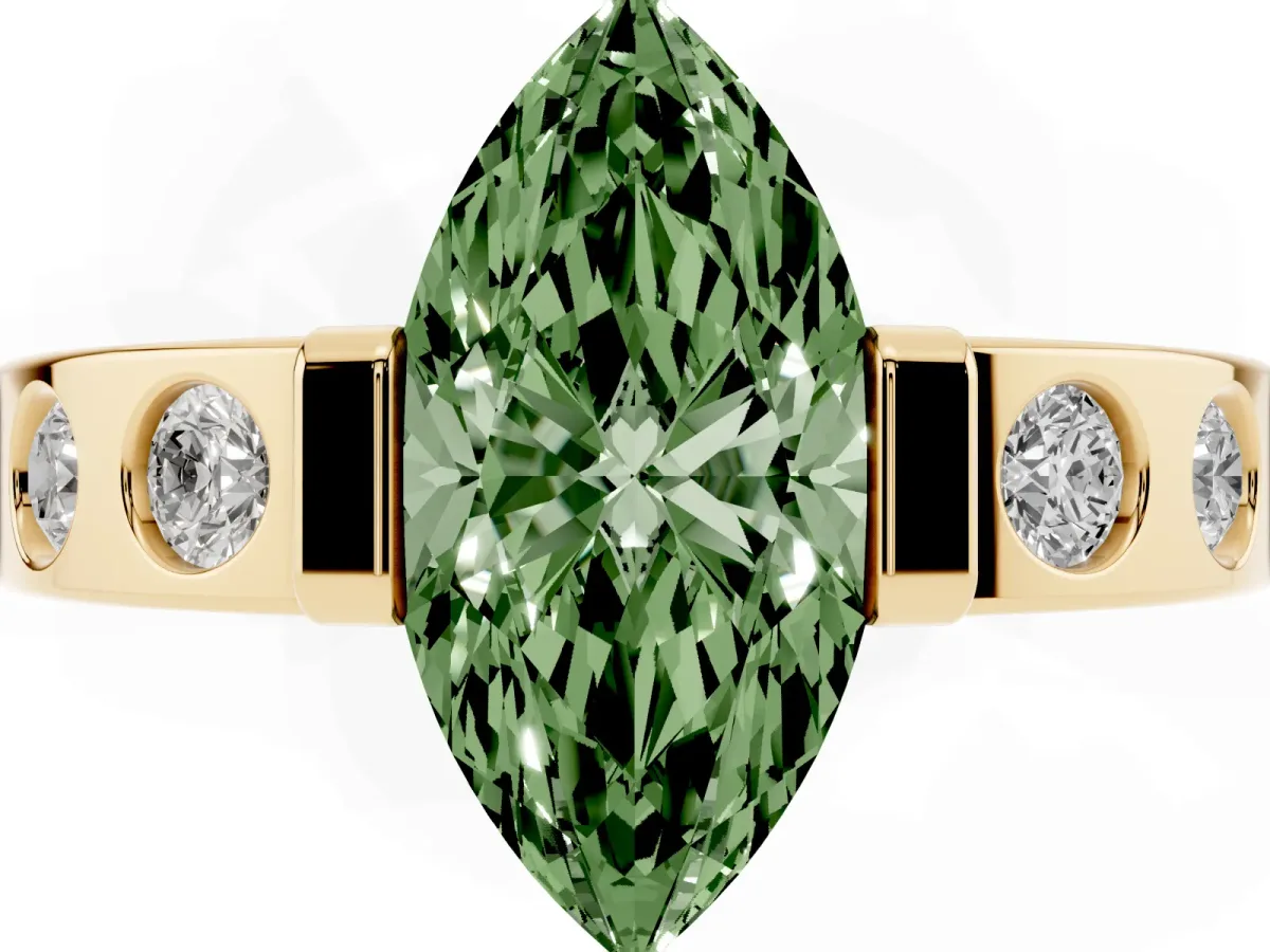 Fancy Green Marquise Cut Brilliant Channel-Set Diamond Ring with Bezel Prong Setting Yellow gold
