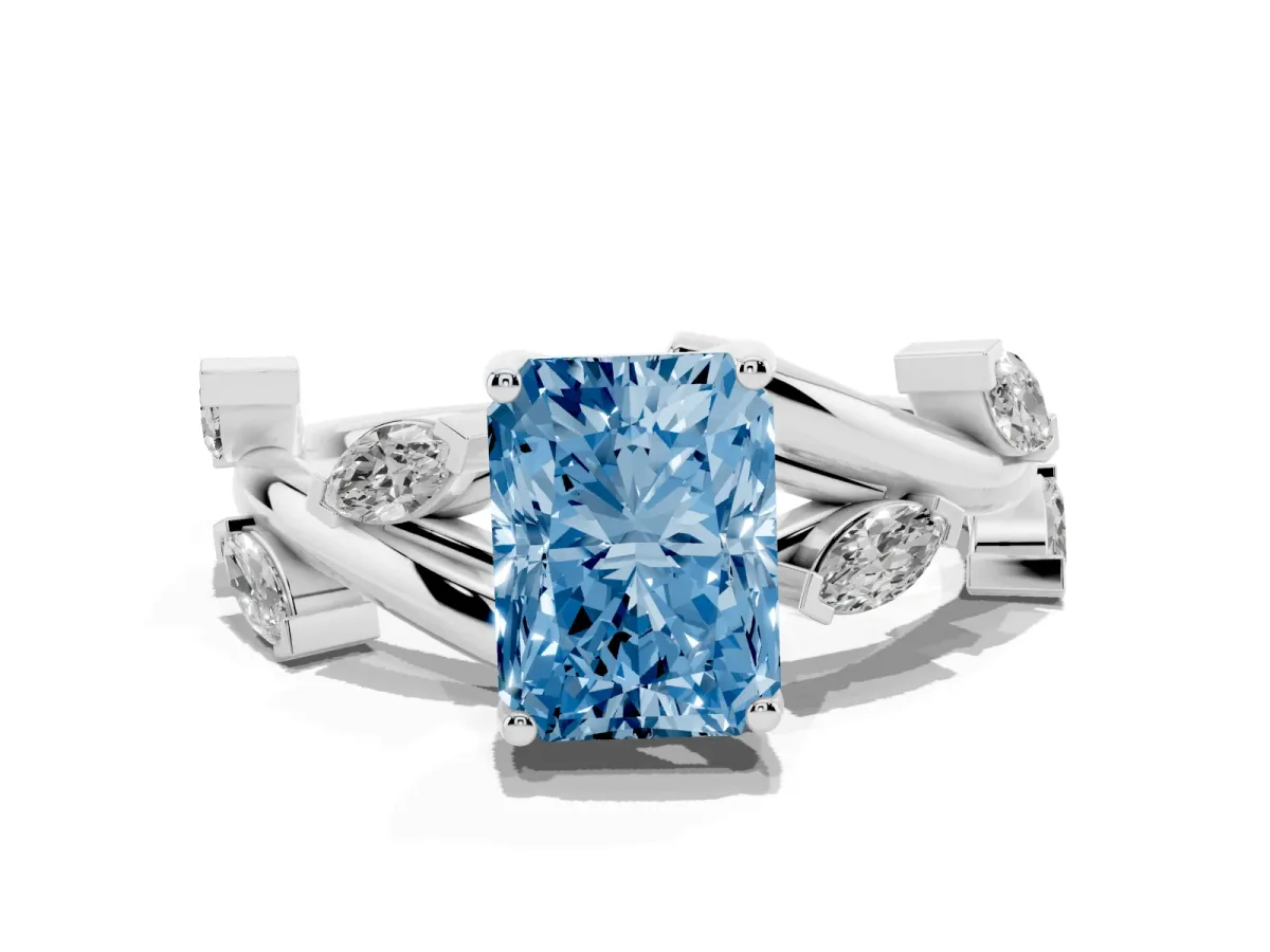 Fancy Blue Radiant Cut Solitaire Twisted Band Marquise Accent Prong Setting Ring Platinum