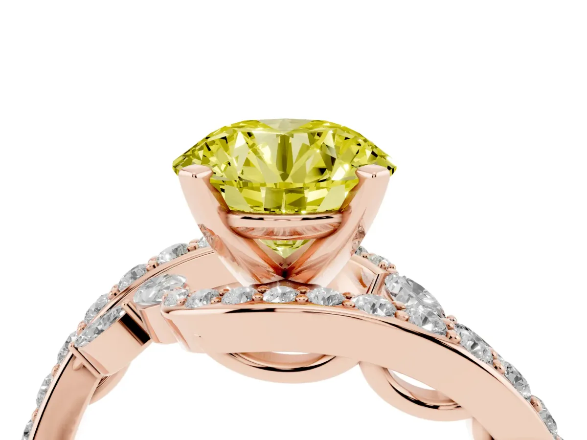 Fancy Yellow Round Cut Solitaire with Pavé Twist Band and Four-Prong Setting Rose gold