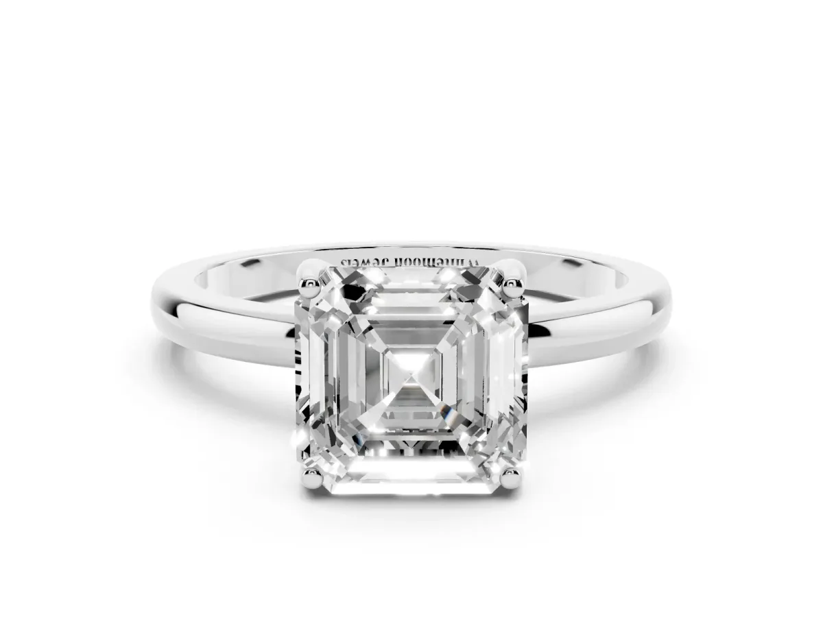 Asscher Cut Solitaire Diamond Ring with Prong Setting and Plain Band Silver