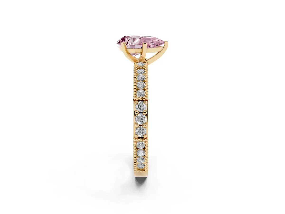 Fancy Pink Pear Cut Solitaire with Pavé Band and Four-Prong Setting Yellow gold