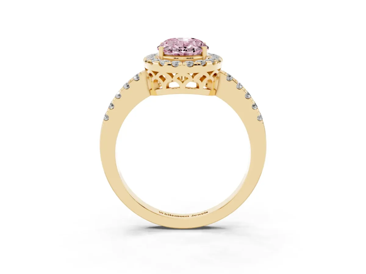 Fancy Pink Oval Cut Halo Diamond Engagement Ring with Pavé Band and Four-Prong Setting Yellow gold