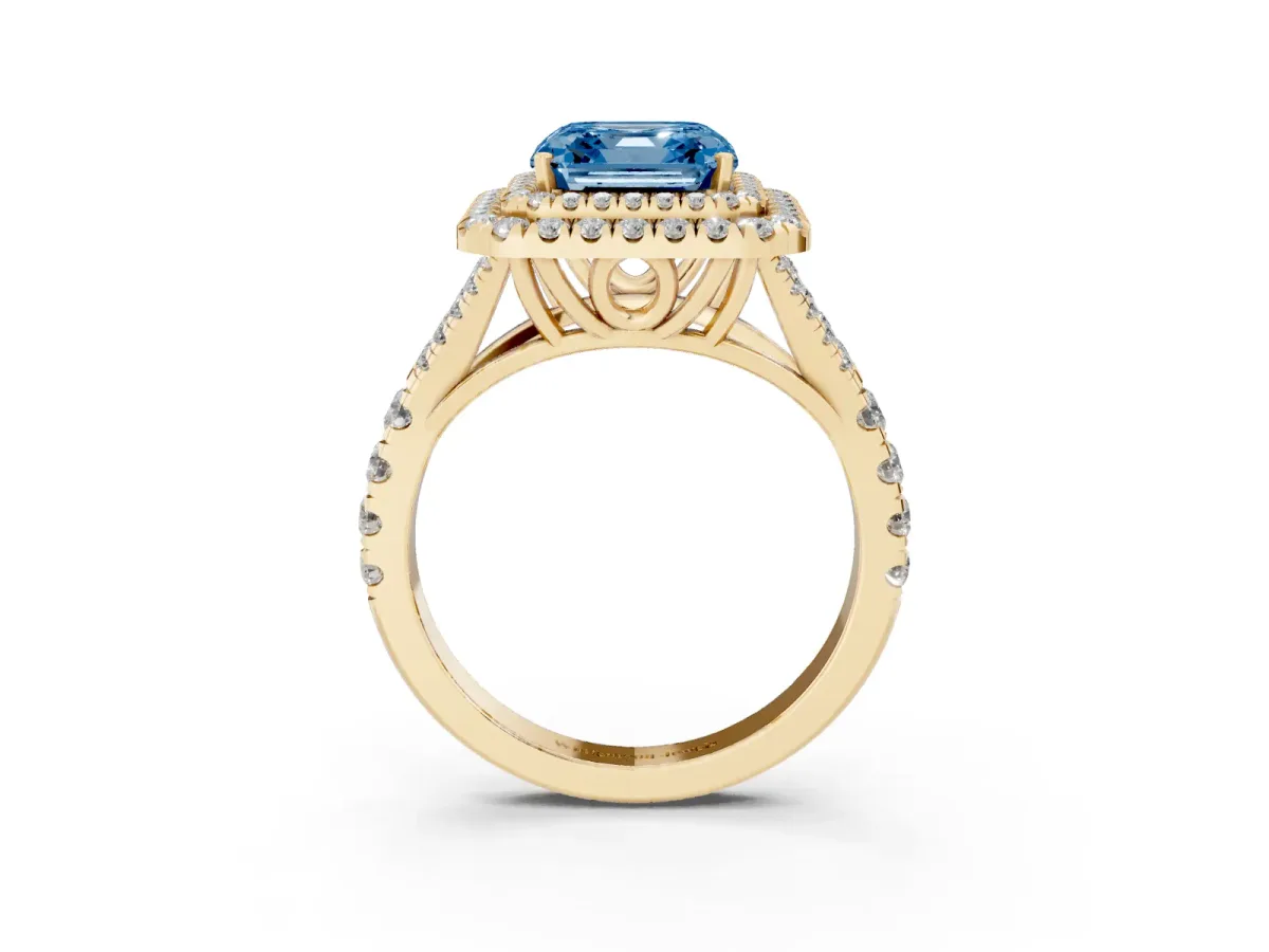 Fancy Blue Asscher Cut Cut Double Halo Split Shank Diamond Ring with Prong Setting Yellow gold