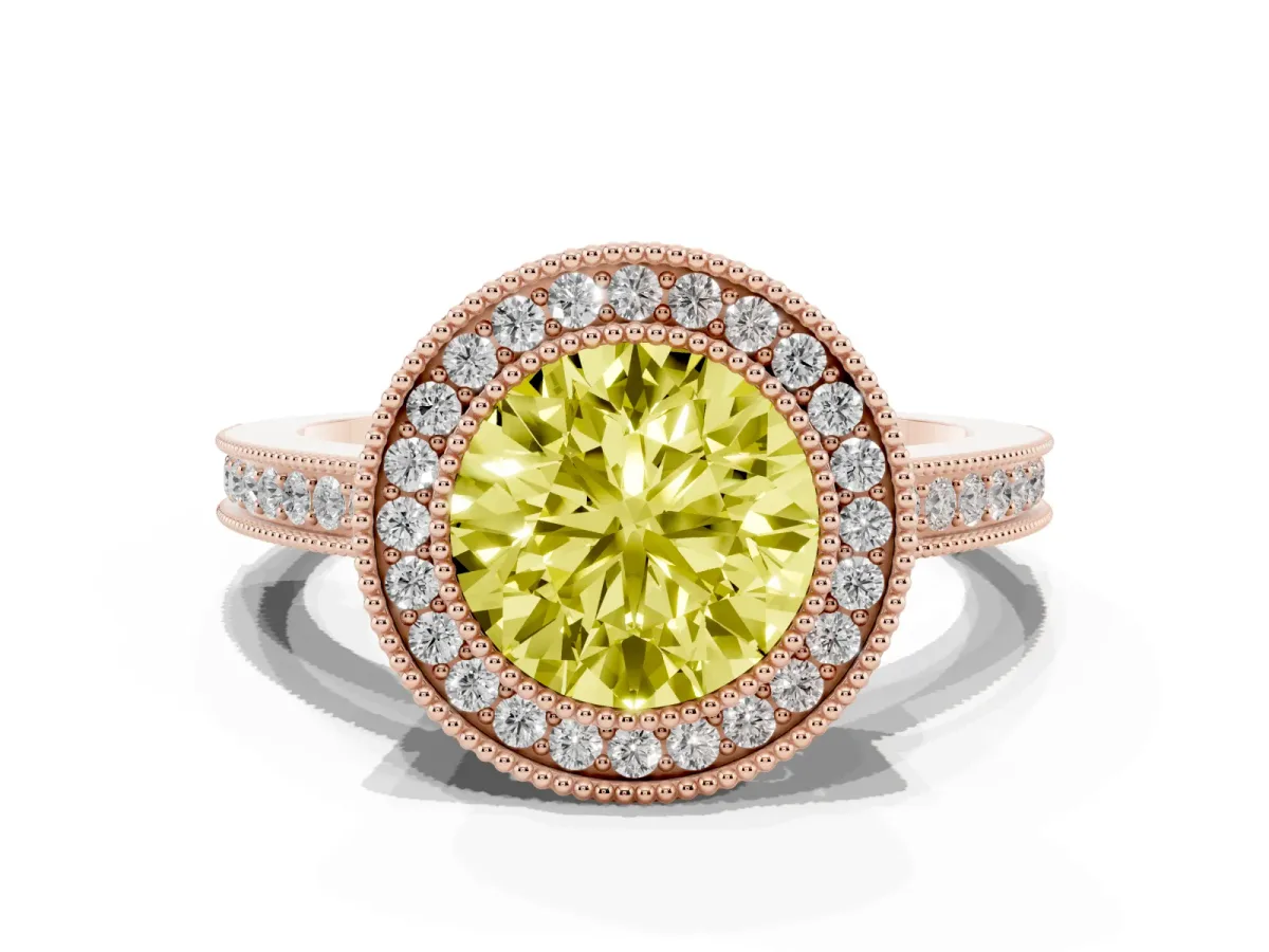 Fancy Yellow Round Cut Cut Halo Diamond Ring with Pavé Band and Milgrain Prong Setting Rose gold