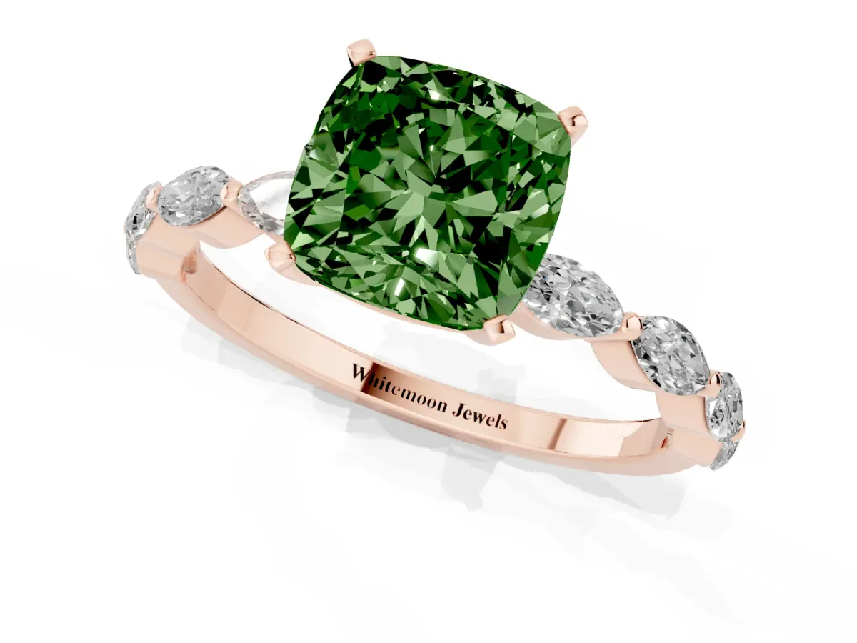Fancy Green Cushion Cut Diamond Ring with Marquise Side Stones and Prong Setting Rose gold