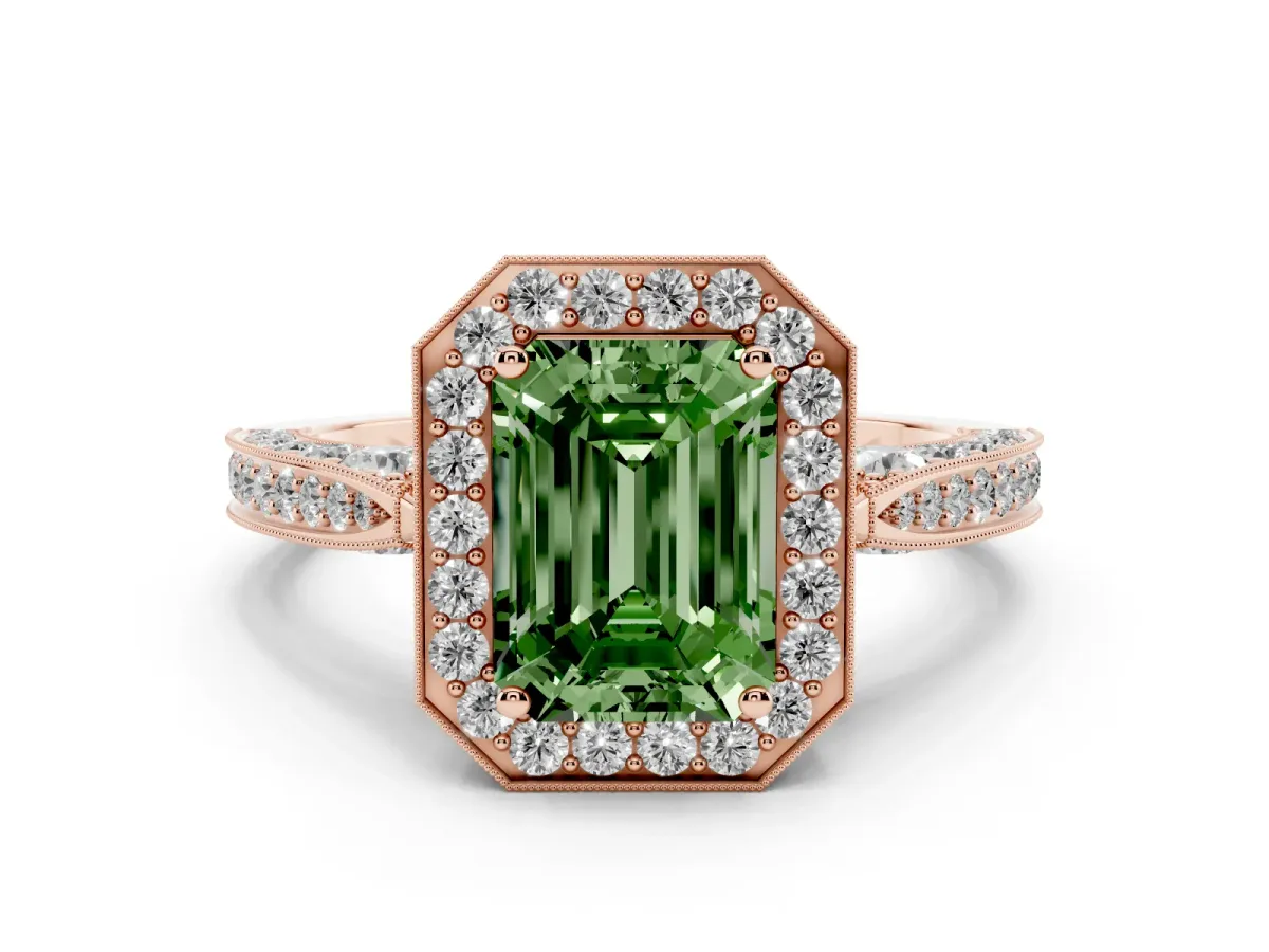 Fancy Green Emerald Cut Halo Diamond Engagement Ring with Split Shank Band and Four-Prong Setting Rose gold