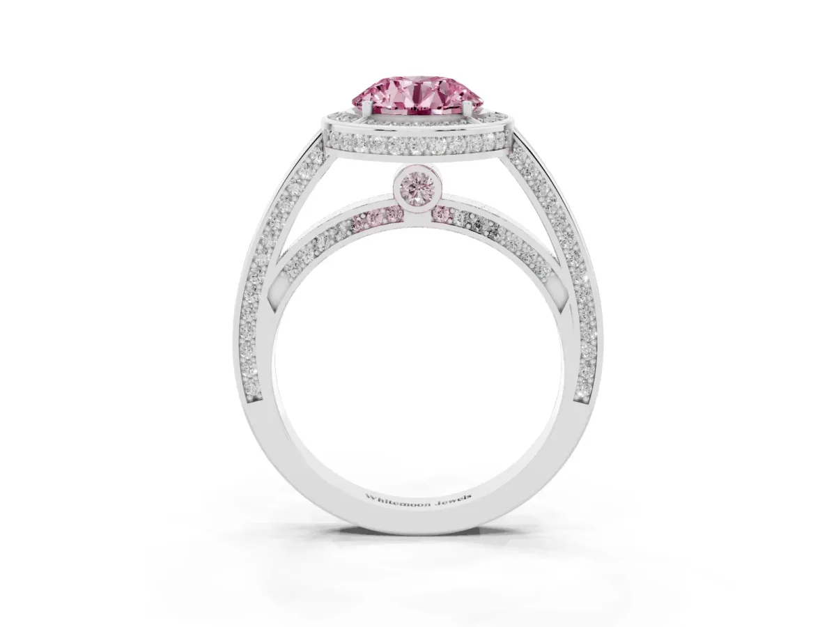 Fancy Pink Round Cut Cut Halo Pave Split Shank Prong Setting Ring White gold
