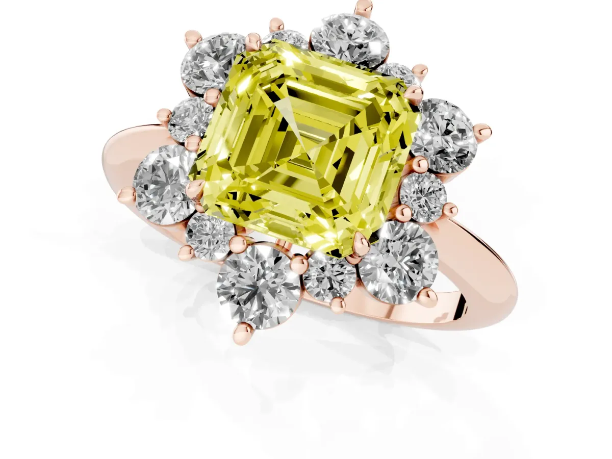 Fancy Yellow Asscher Cut Diamond Cluster Halo Ring with Solitaire Band and Four-Prong Setting Rose gold