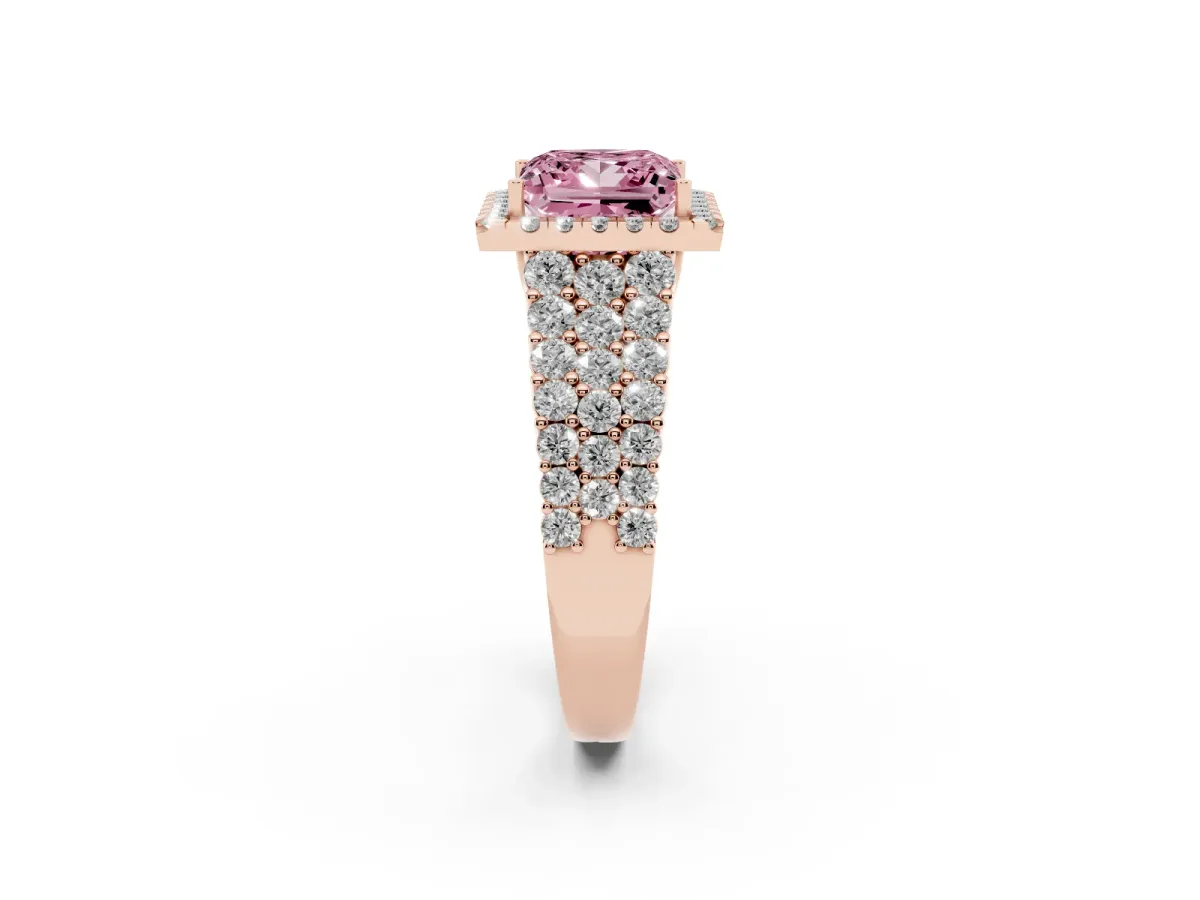Fancy Pink Princess Cut Diamond Halo Engagement Ring with Triple Row Round Pavé Band and Prong Setting Rose gold