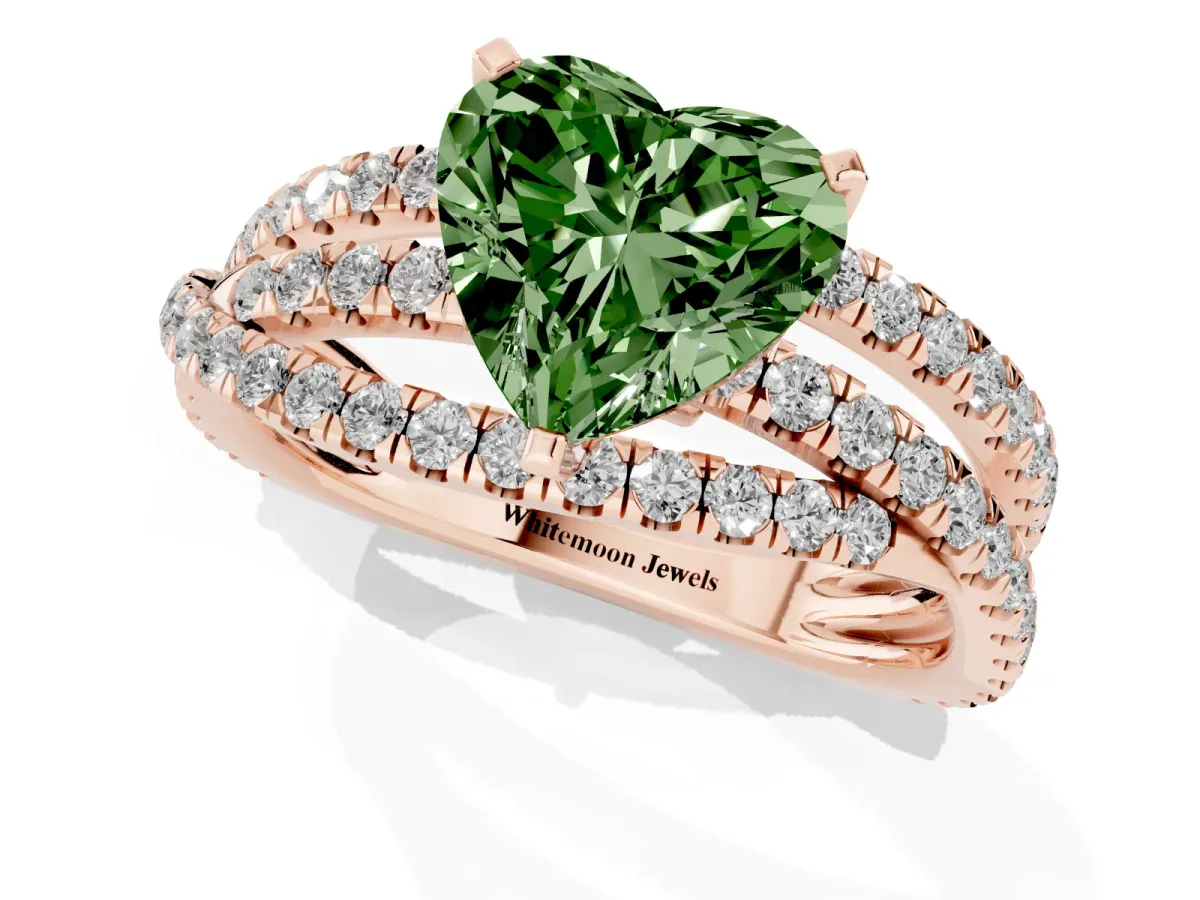 Fancy Green Heart Cut Solitaire Twist Band with Pavé Setting and Four-Prong Setting Rose gold