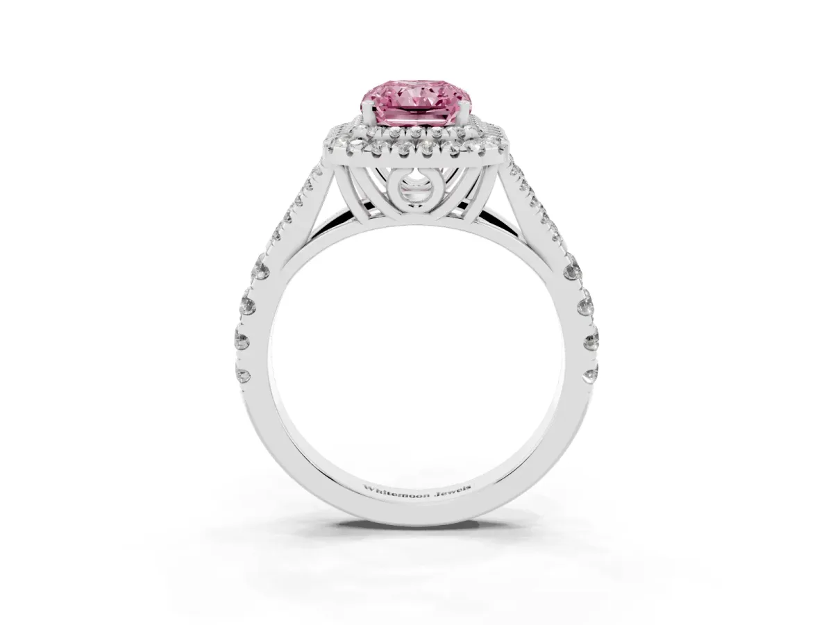 Fancy Pink Radiant Cut Diamond Double Halo Ring with Split Shank and Prong Setting Platinum