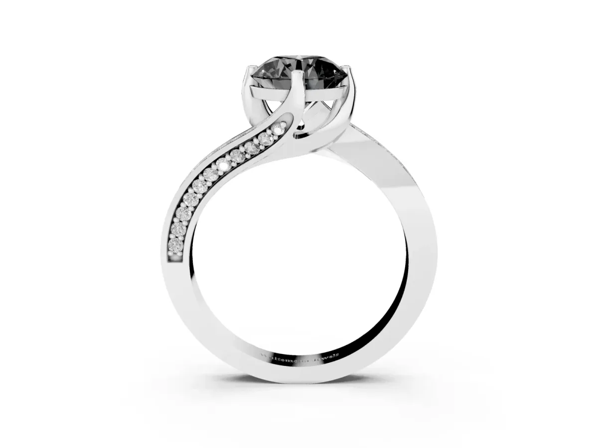 Fancy Black Round Cut Solitaire Diamond Twist Band with Pavé Setting and Four-Prong Setting Silver
