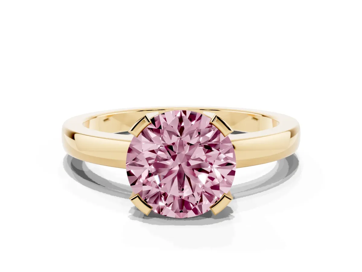 Fancy Pink Round Cut Cut Solitaire Ring with Four-Prong Setting and Classic Band Yellow gold