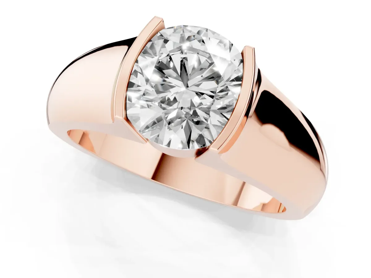 Round Cut Solitaire Bezel Set Diamond Ring with Wide Band Rose gold