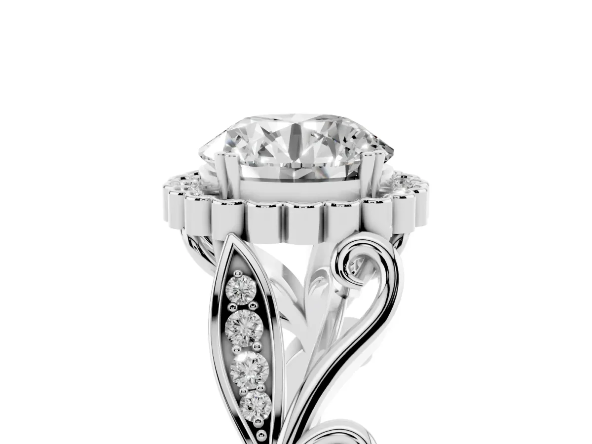 Round Cut Diamond Halo Ring with Vintage Split Shank and Four-Prong Setting Platinum