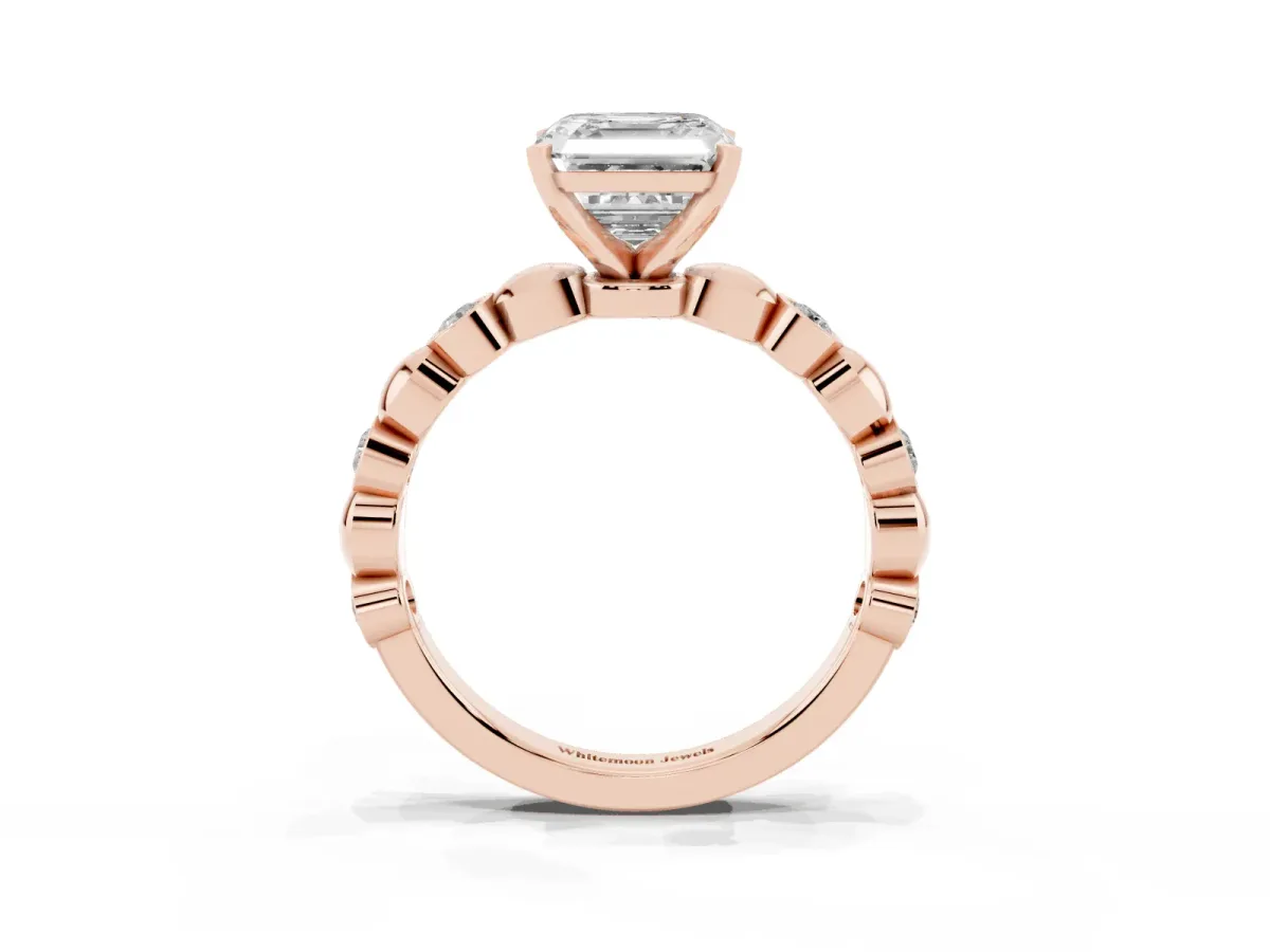 Asscher Cut Solitaire Bezel-Set Diamond Ring with Beaded Band and Four-Prong Setting Rose gold