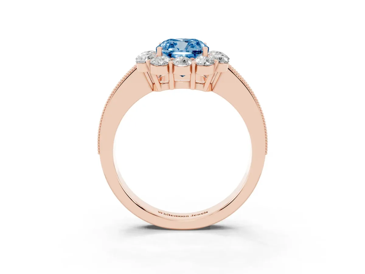 Fancy Blue Cushion Cut Cut Halo Diamond Pavé Engagement Ring with Milgrain Detailing Rose gold