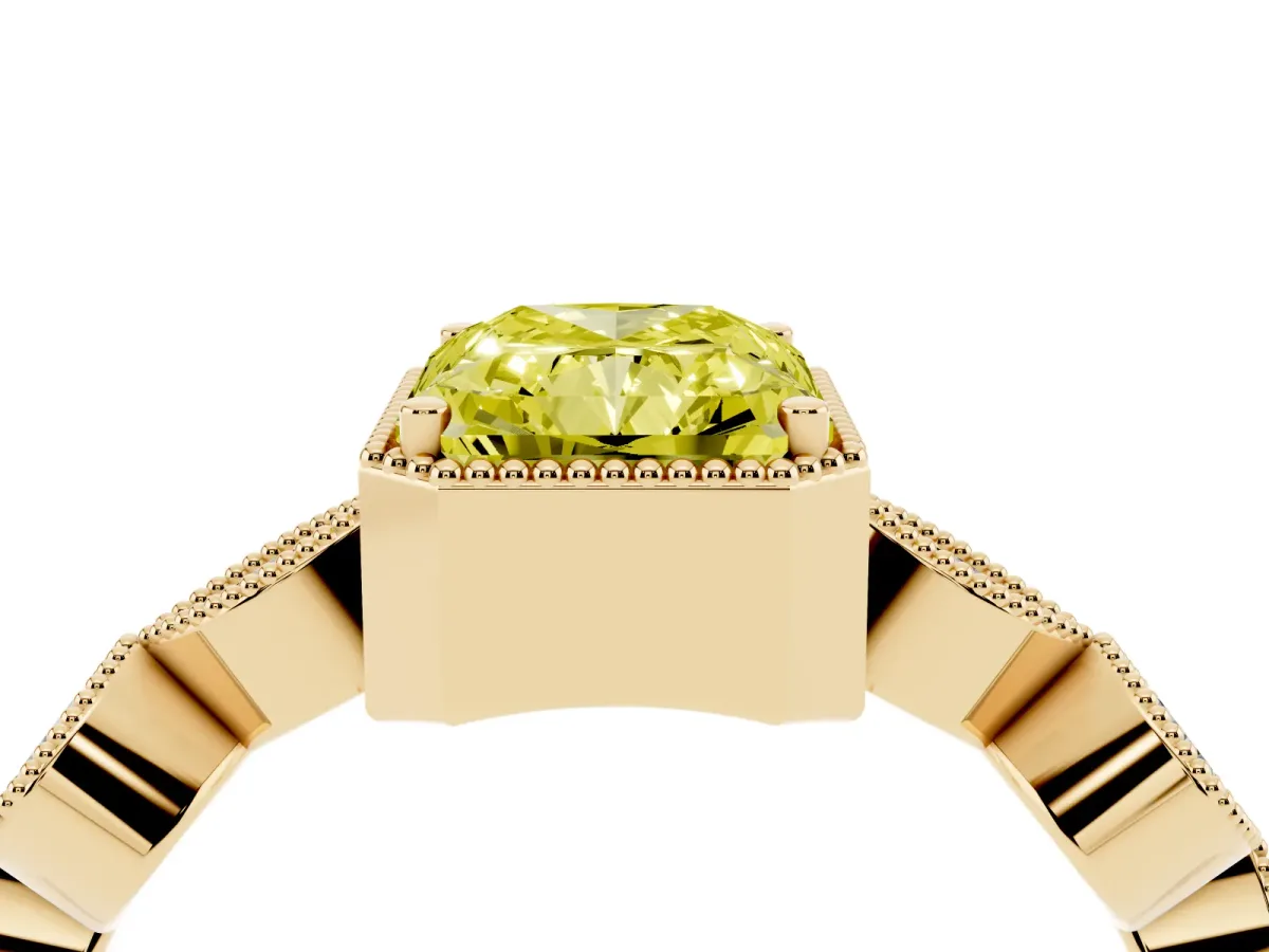 Fancy Yellow Radiant Cut Diamond Vintage Milgrain Ring with Round Stations Yellow gold