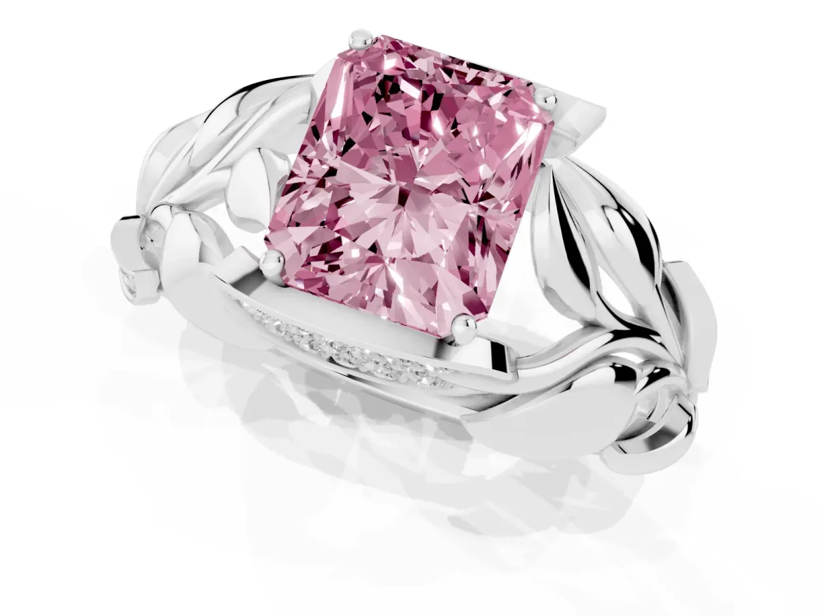 Fancy Pink Radiant Cut Diamond Leaf-Inspired Engagement Ring with Round Accents and Prong Setting Silver