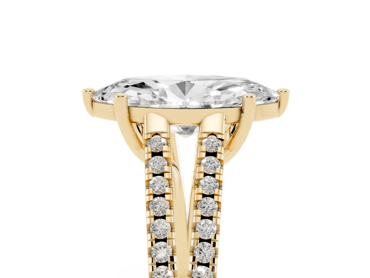 Marquise Cut Diamond Solitaire Engagement Ring with Split Shank Pavé Band Yellow gold