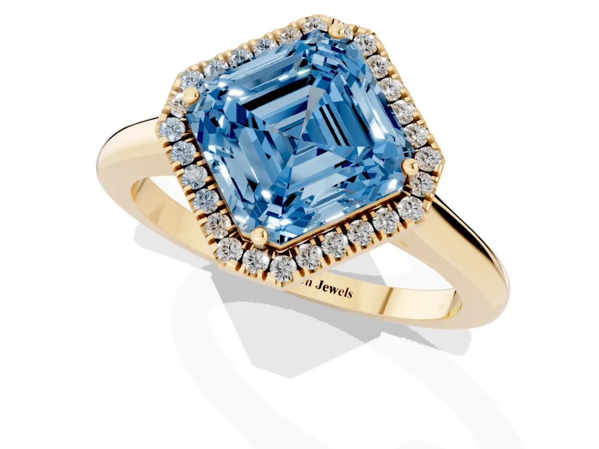 Fancy Blue Asscher Cut Halo Round Diamond Solitaire Engagement Ring with Pave Band and Four-Prong Setting Yellow gold