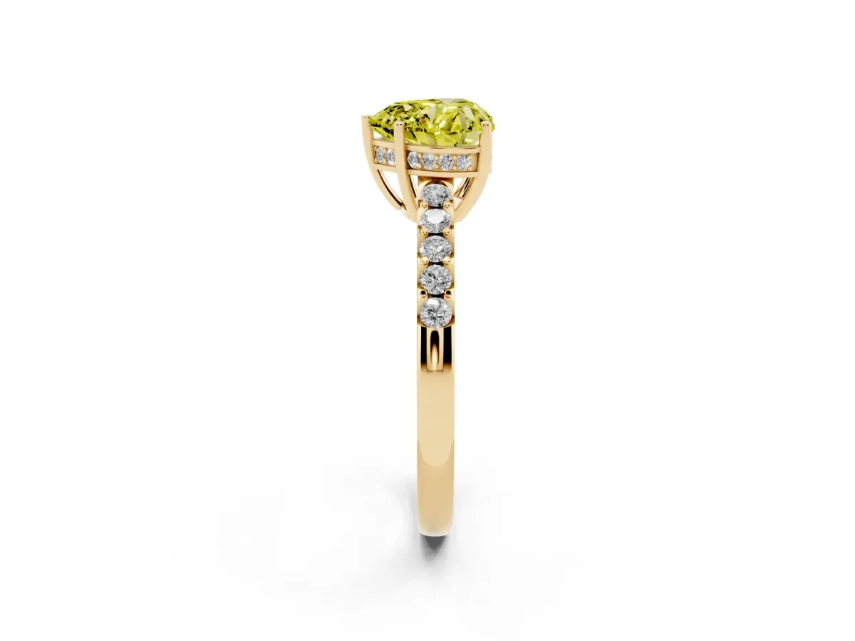 Fancy Yellow Heart Cut Solitaire Diamond Engagement Ring with Pavé Band and Six-Prong Setting Yellow gold