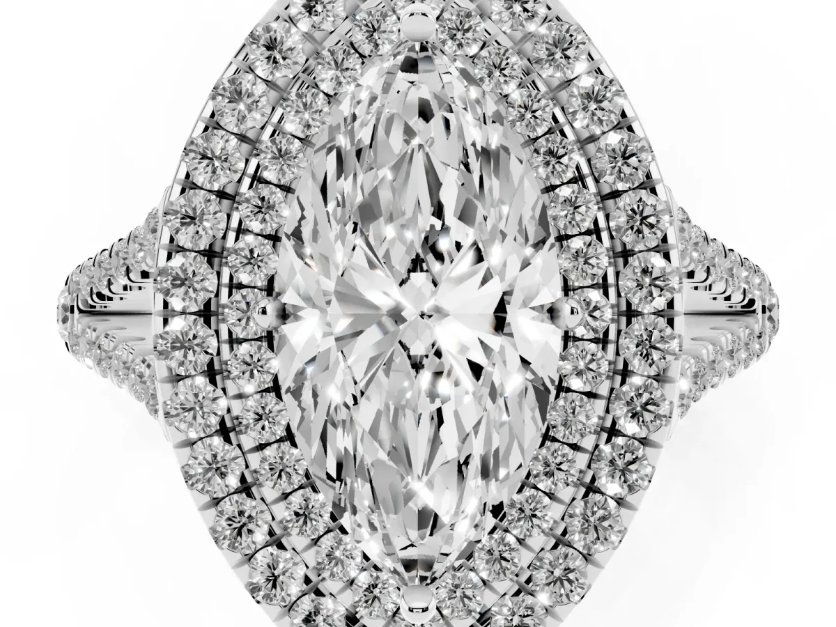 Marquise Cut Diamond Double Halo Ring with Pavé Band and Prong Setting Silver