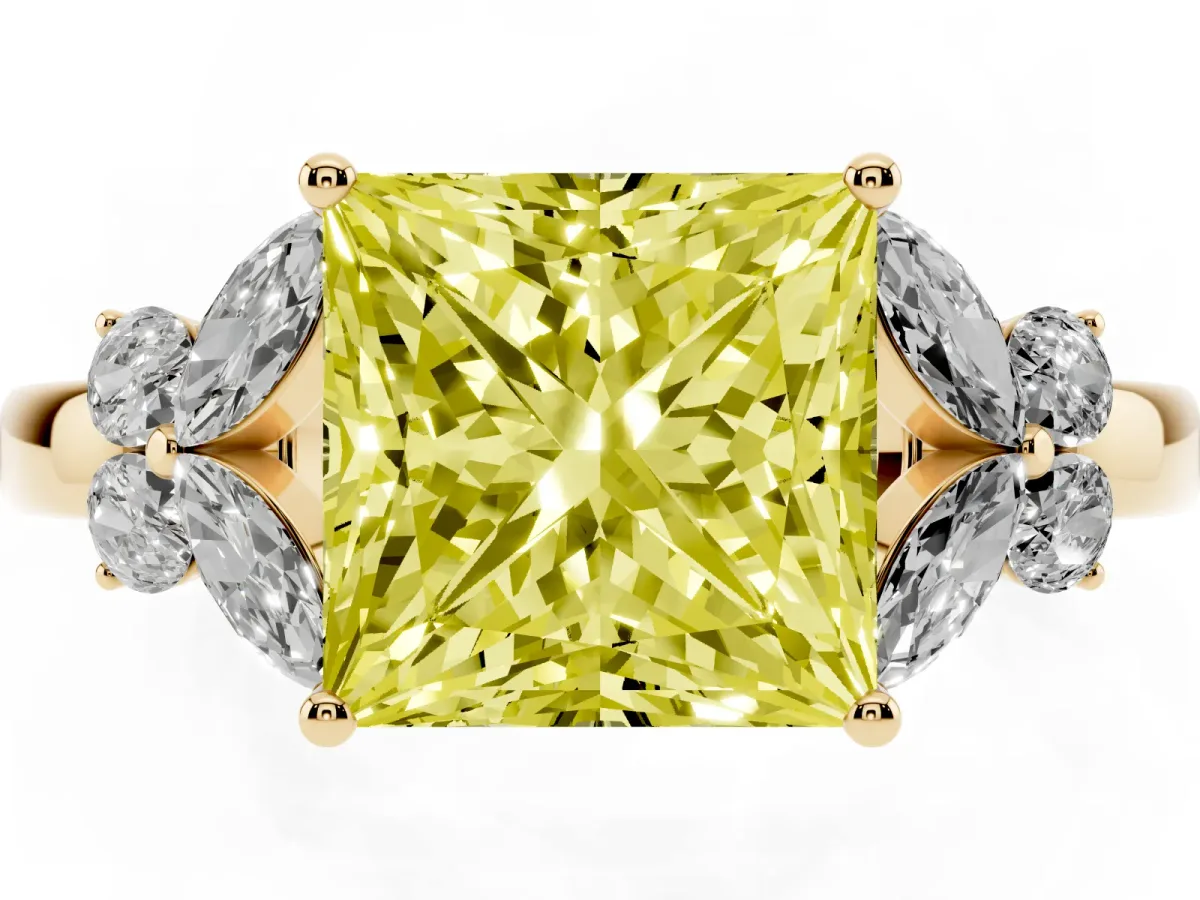 Fancy Yellow Princess Cut Cut Solitaire Floral Diamond Ring with Four-Prong Setting Yellow gold