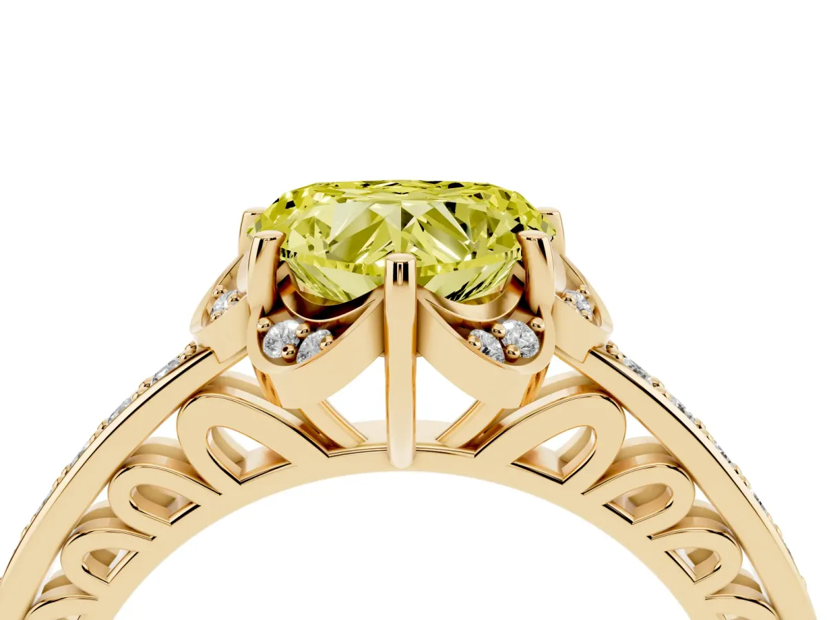 Fancy Yellow Heart Cut Cut Halo Diamond Ring with Channel Set Band and Four-Prong Setting Yellow gold