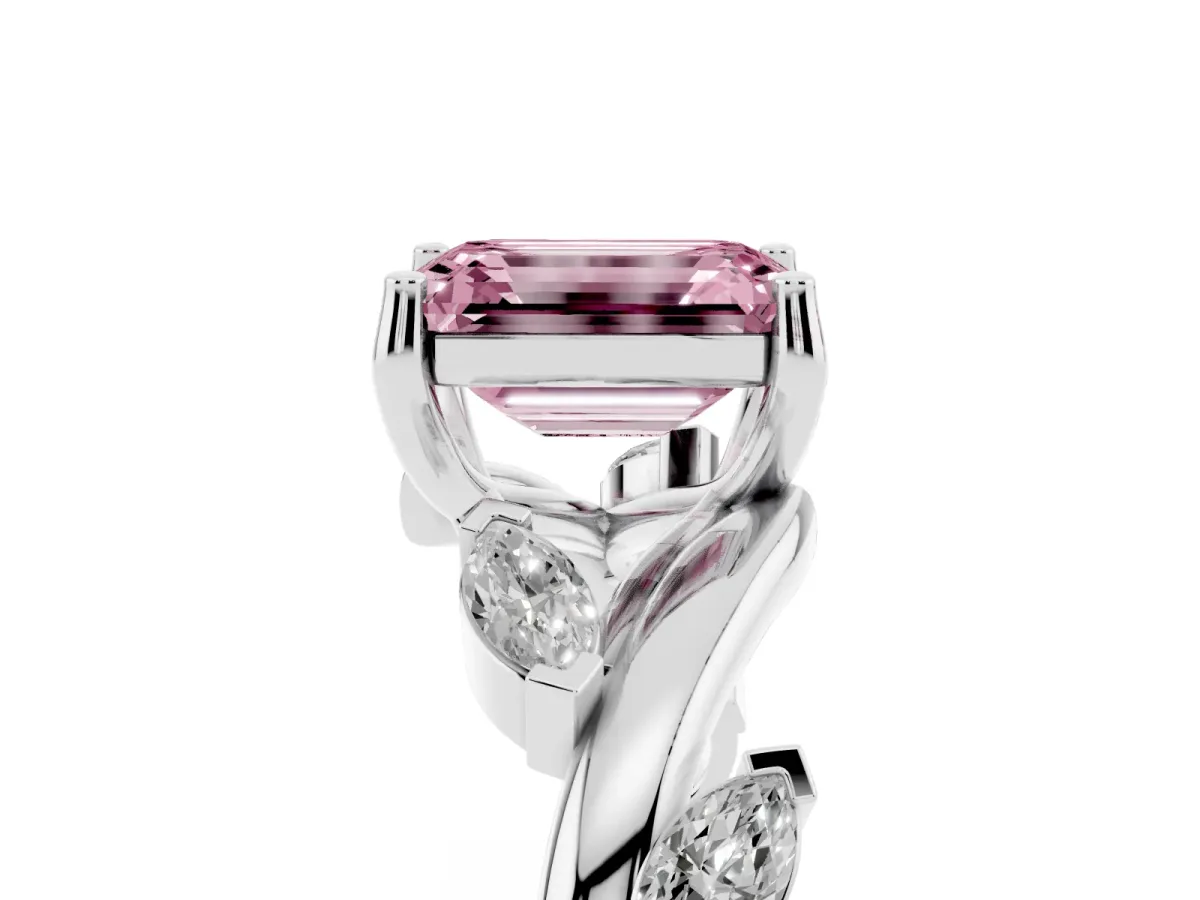 Fancy Pink Emerald Cut Solitaire Twisted Band Marquise Accent Prong Setting Ring Platinum