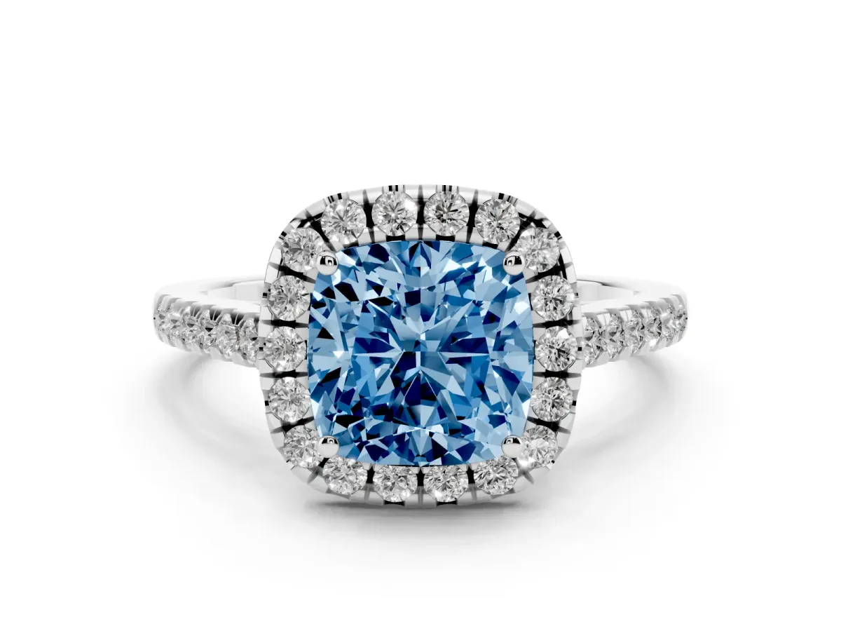 Fancy Blue Cushion Cut Halo Pavé Diamond Engagement Ring with Four-Prong Setting Platinum