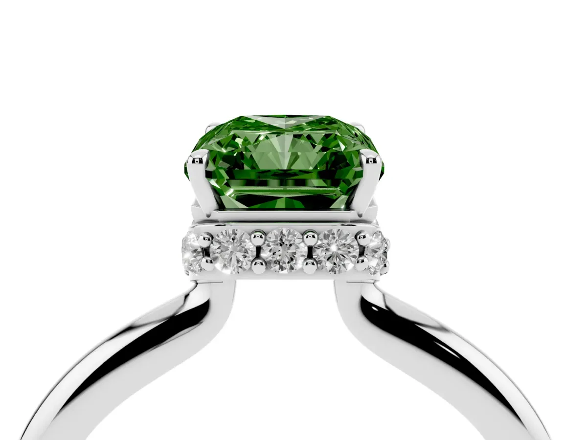 Fancy Green Radiant Cut Brilliant Solitaire Engagement Ring with Six-Prong Setting and Classic Band Silver