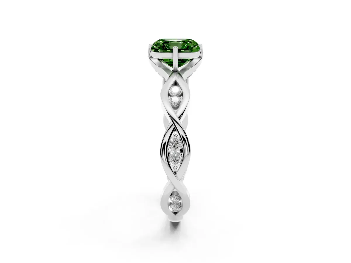 Fancy Green Asscher Cut Solitaire Twist Band with Leaf Prong Setting Platinum