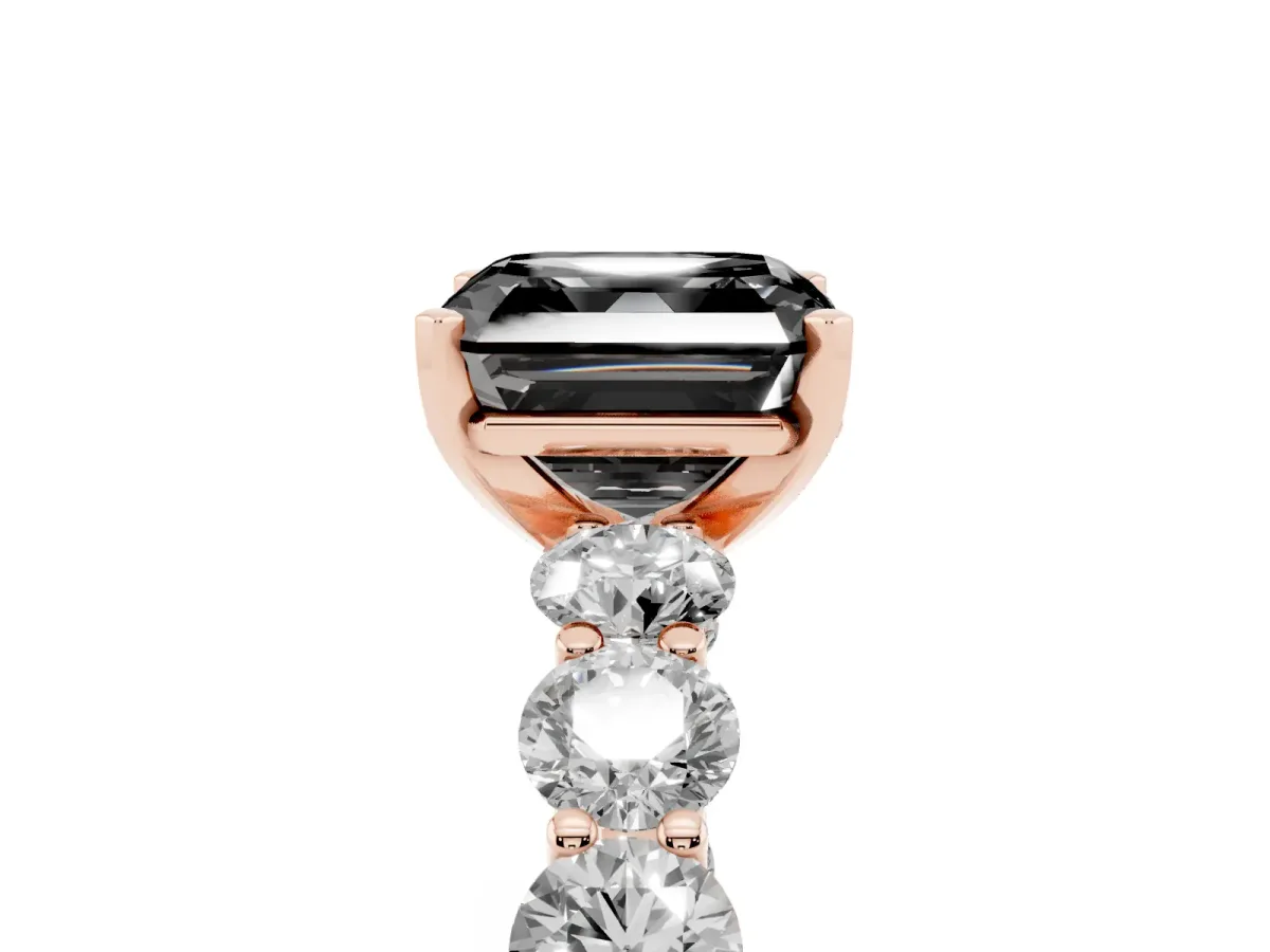 Fancy Black Asscher Cut Diamond Prong Setting with Side Stones on a Pave Band Rose gold