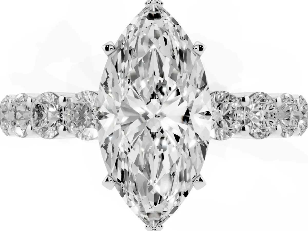 Marquise Cut Diamond Solitaire Ring with Shared Prong Round Side Stones Silver