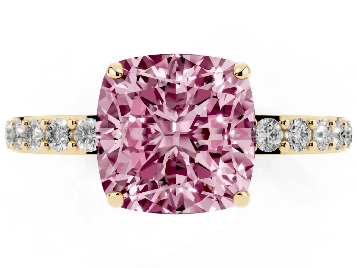 Fancy Pink Cushion Cut Diamond Pavé Engagement Ring with Round Accents and Prong Setting Yellow gold
