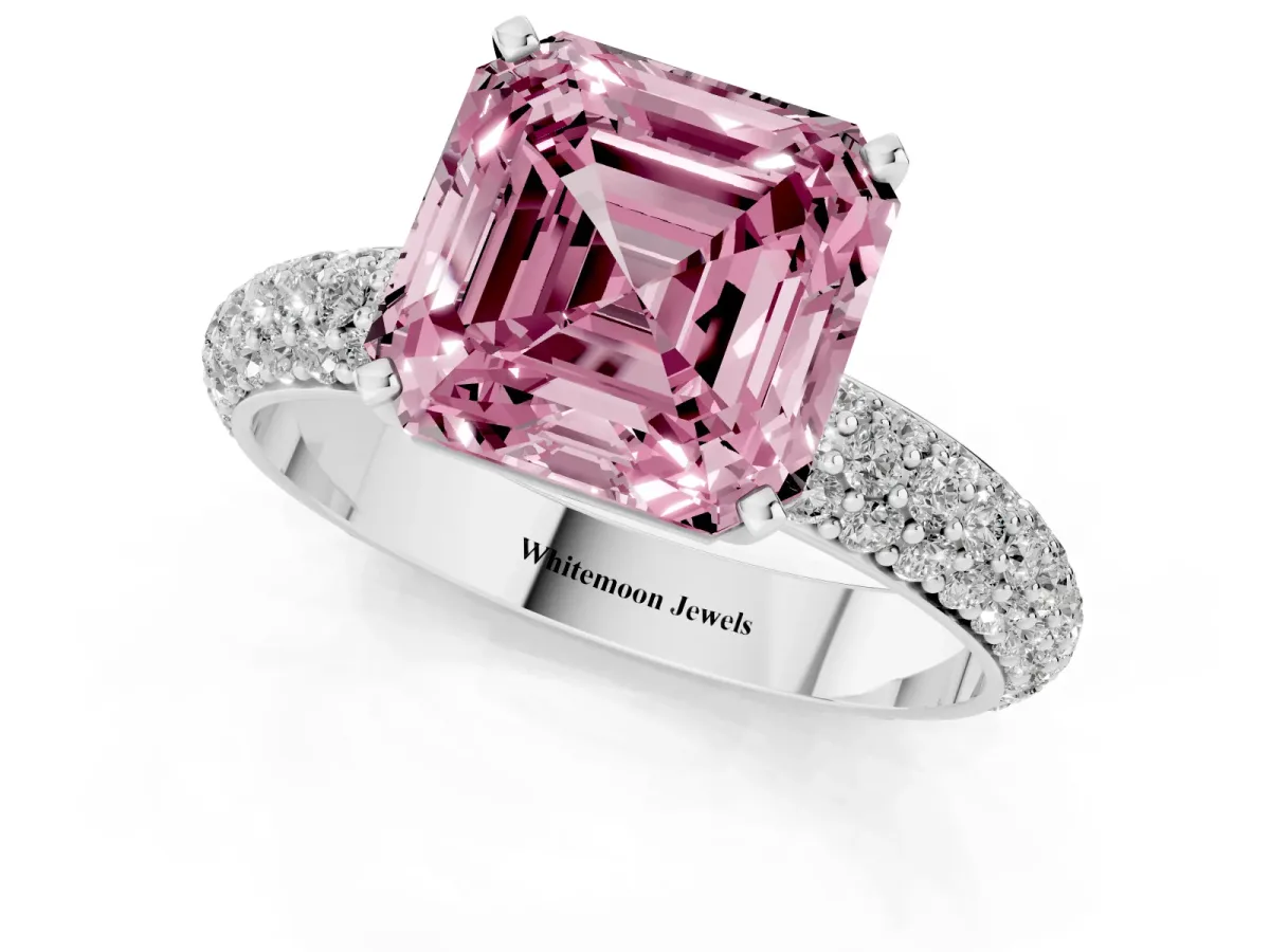 Fancy Pink Asscher Cut Diamond Solitaire Ring with Prong Setting and Pavé Band Silver