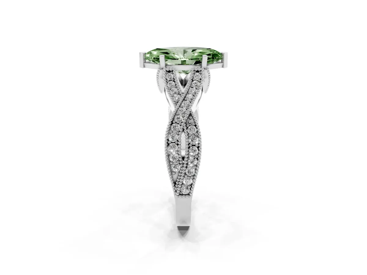 Fancy Green Marquise Cut Cut Diamond Twisted Band with Milgrain Pave Setting and Four-Prong Setting White gold