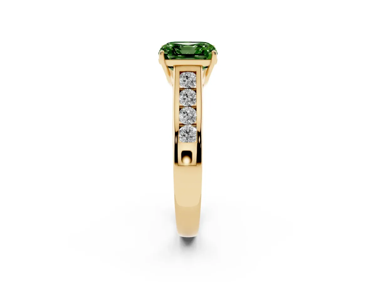 Fancy Green Asscher Cut Solitaire Channel-Set Diamond Engagement Ring with Four-Prong Setting Yellow gold