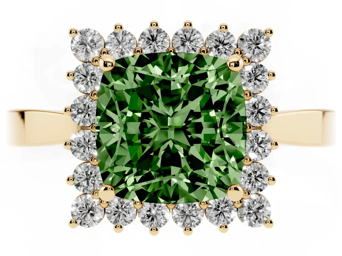 Fancy Green Cushion Cut Cut Diamond Halo Ring with Round Brilliant Halo and Solitaire Band Yellow gold