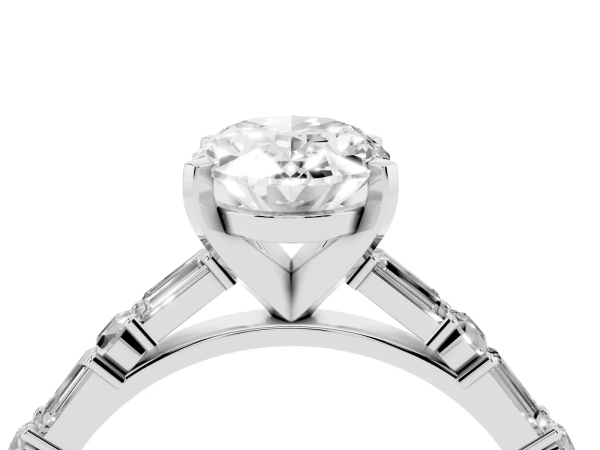 Oval Cut Diamond Solitaire with Side Baguettes and Channel Set Band Platinum