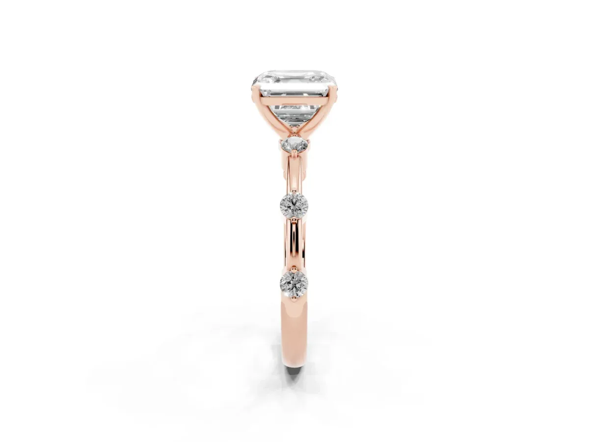 Asscher Cut Solitaire Diamond Ring with Bezel Set Side Stones and Prong Setting Rose gold