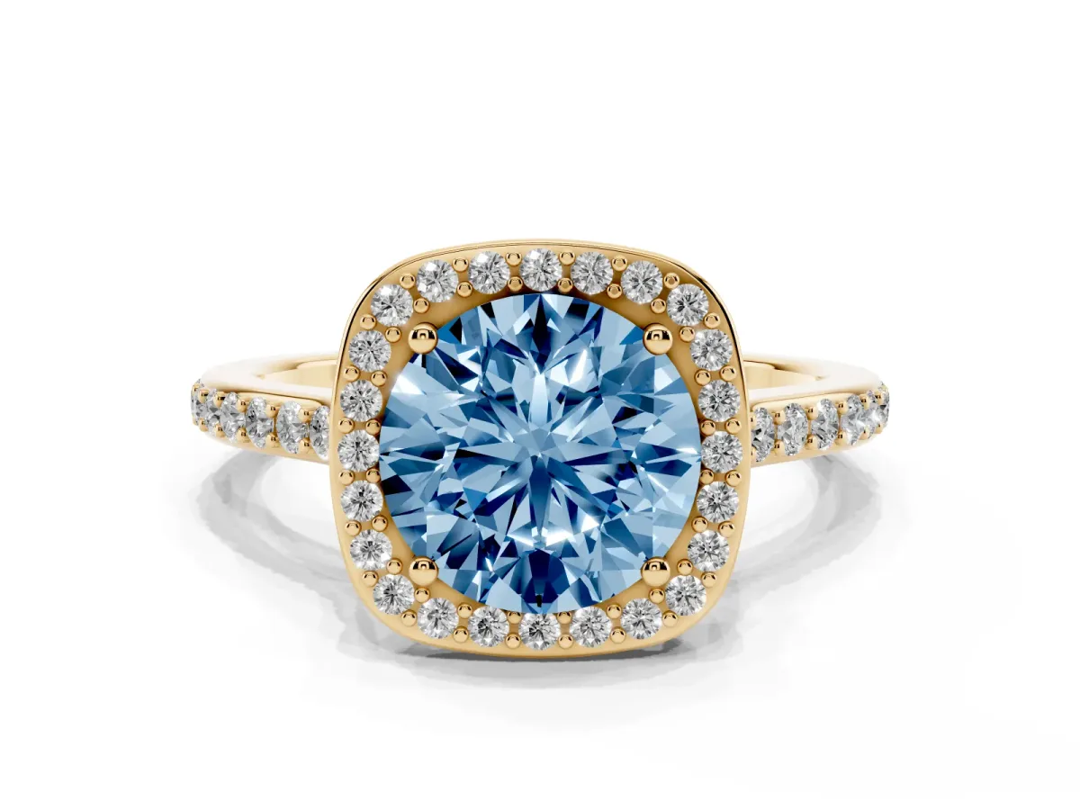 Fancy Blue Round Cut Diamond Halo Engagement Ring with Round Pavé Shoulders and Prong Setting Yellow gold