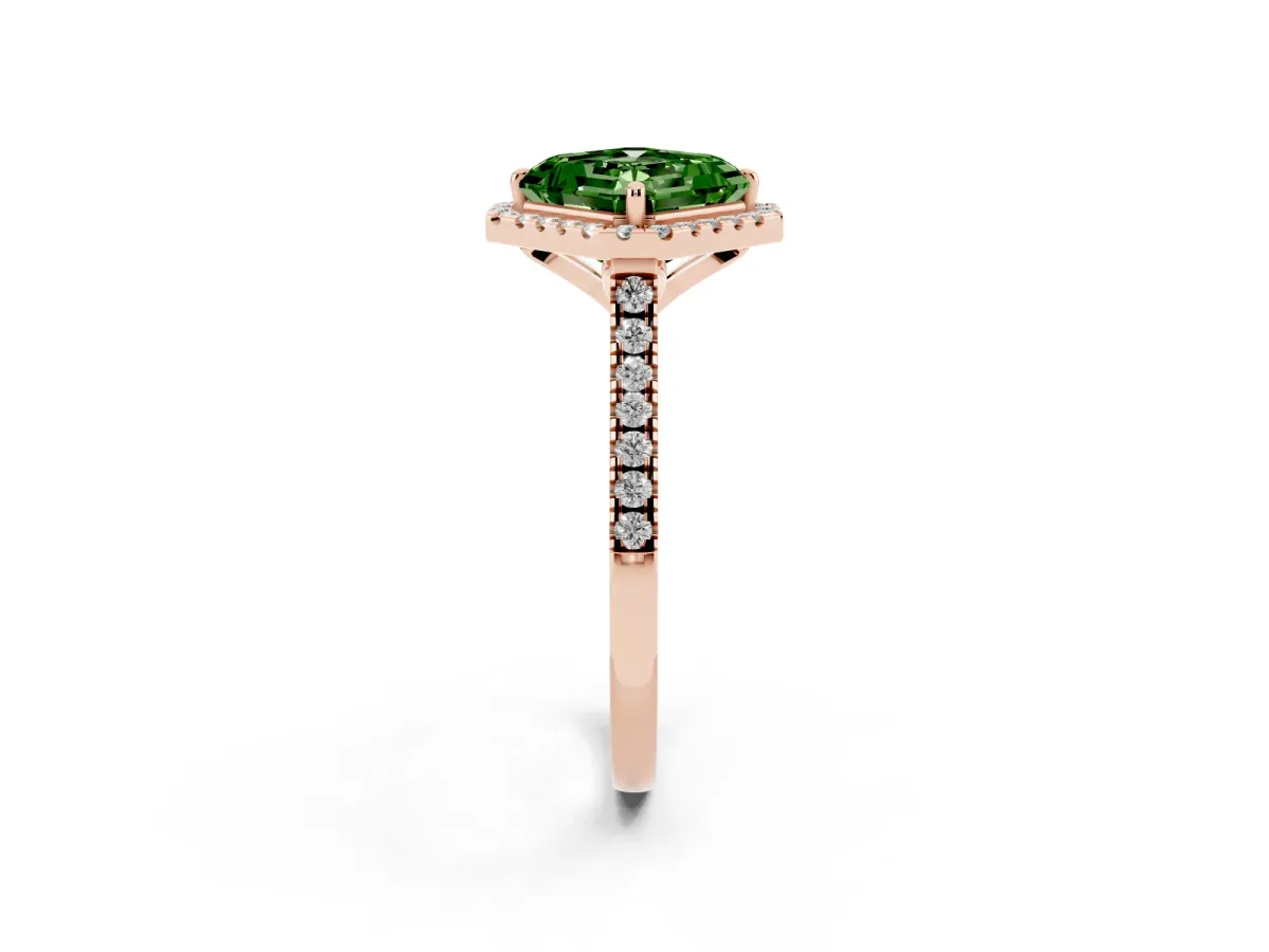 Fancy Green Asscher Cut Diamond Cushion Halo Ring with Pavé Band Rose gold