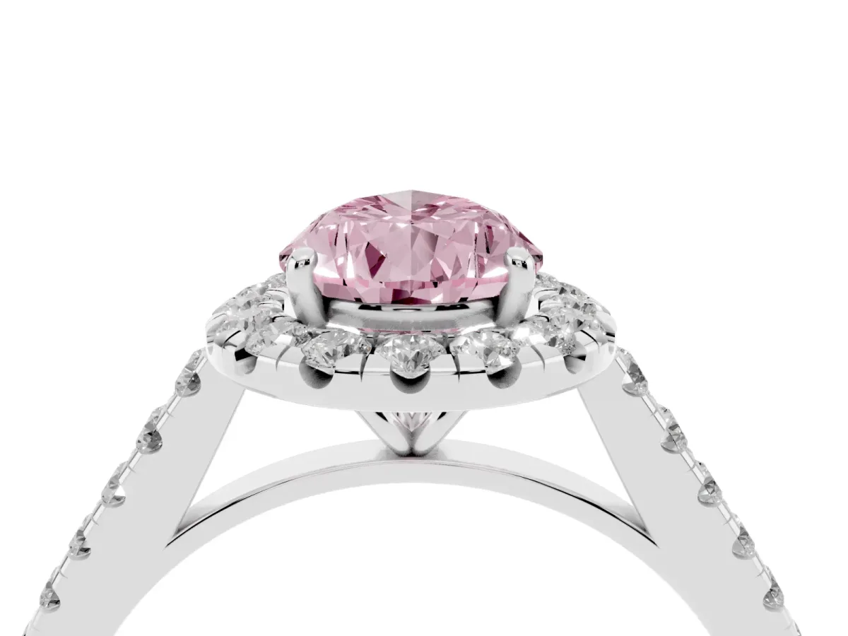 Fancy Pink Pear Cut Halo Pave Diamond Engagement Ring with Four-Prong Setting Silver